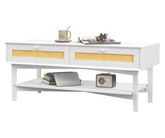 Masuta de Cafea Dreptunghiulara cu 2 Sertare, Masuta de Cafea Boho Joasa din Ratan si Lemn, 120x50x50 cm, Alb si Lemn