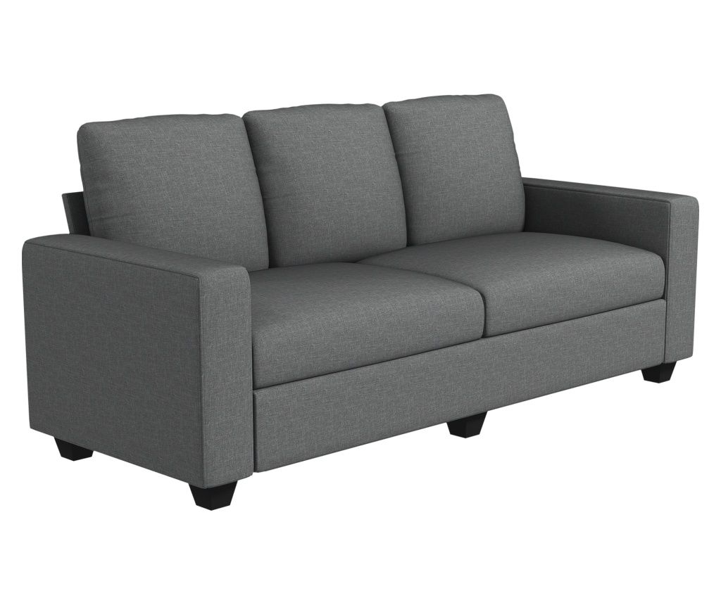 Canapea de 3 Locuri din Material Textil cu Brate, Perne Captusite si Invelis cu Efect de In, 237x94x102 cm, Gri