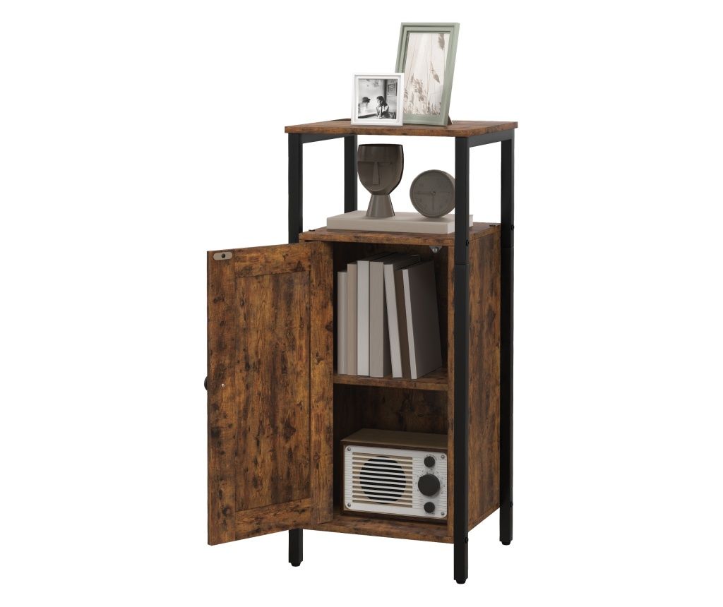 Noptieră în Stil Industrial cu 2 Rafturi Deschise și Raft Interior Reglabil pe 3 Nivele, 34x30x80 cm, Maro Rustic
