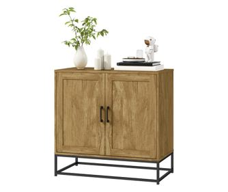 Кухненски бюфет с 2 рафта и регулируем рафт, меламиново ПДЧ и стоманени мебели, 80x40x78 см, естествено дърво