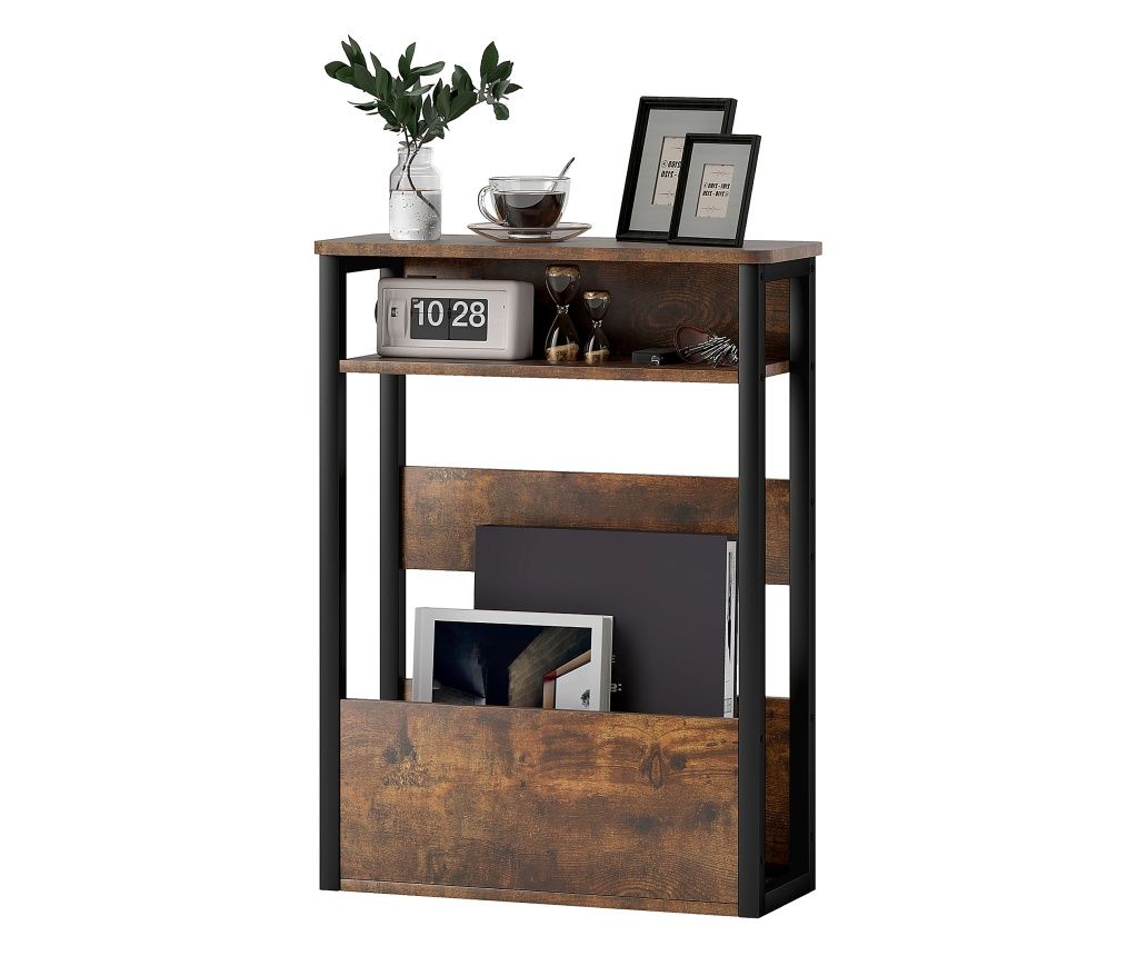 Măsuță de Living în Stil Industrial cu 2 Rafturi, Măsuță Laterală din Lemn și Metal, 46x18x58,5 cm, Maro Rustic