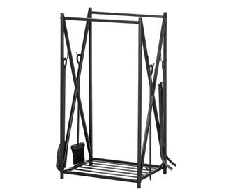 Suport pentru Lemne din Otel, Suport pentru Lemne pentru Semineu cu Vatrai, Perie si Cleste, 46x30x76 cm, Negru