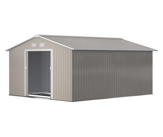 Magazie de Gradina cu Usi Duble Glisante si Acoperis Inclinat, Sopron de Gradina din Otel si PP, 3.4x4x2m, Gri