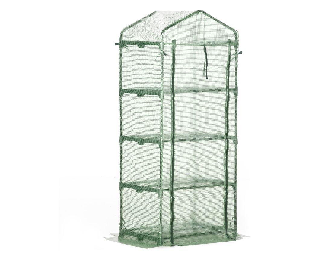 Sera verticala cu raft pe 4 niveluri, sera cu balcon si terasa din otel si PE verde inchis, 70x50x160cm