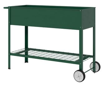 Външна саксия с долен рафт за инструменти, метална саксия с 2 колела и дръжка, 104x39x80 см, зелена