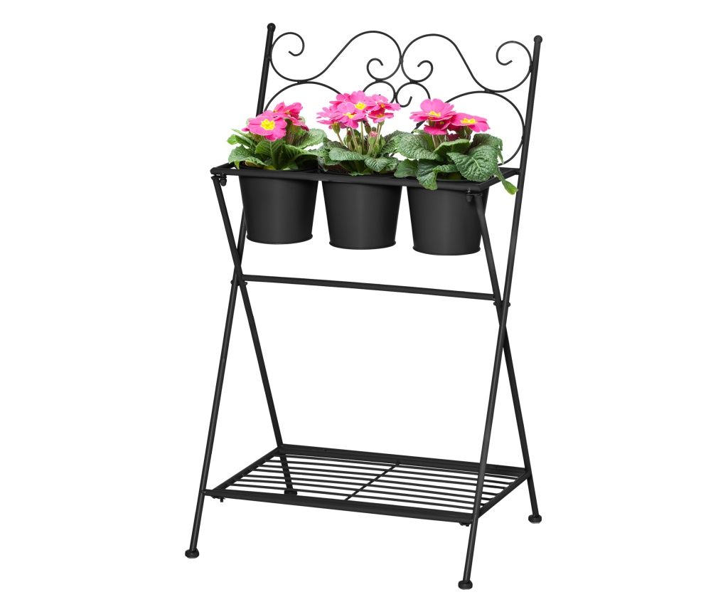 Suport pentru plante din Metal Pliabil cu 3 Ghivece, Raft pentru Plante cu Etajera pentru Casa si Gradina, 47x37x78,5 cm, Negru