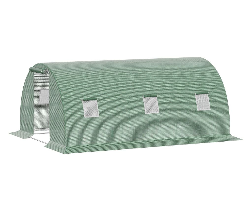 Sera Tunel de Exterior cu Copertina din PE, Usa cu Fermoar si 6 Ferestre, Verde