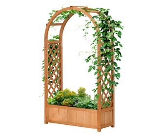 Barna fenyőfa kerti virágtartó dekoratív ívvel és futónövény rácsokkal, 83x36x152cm