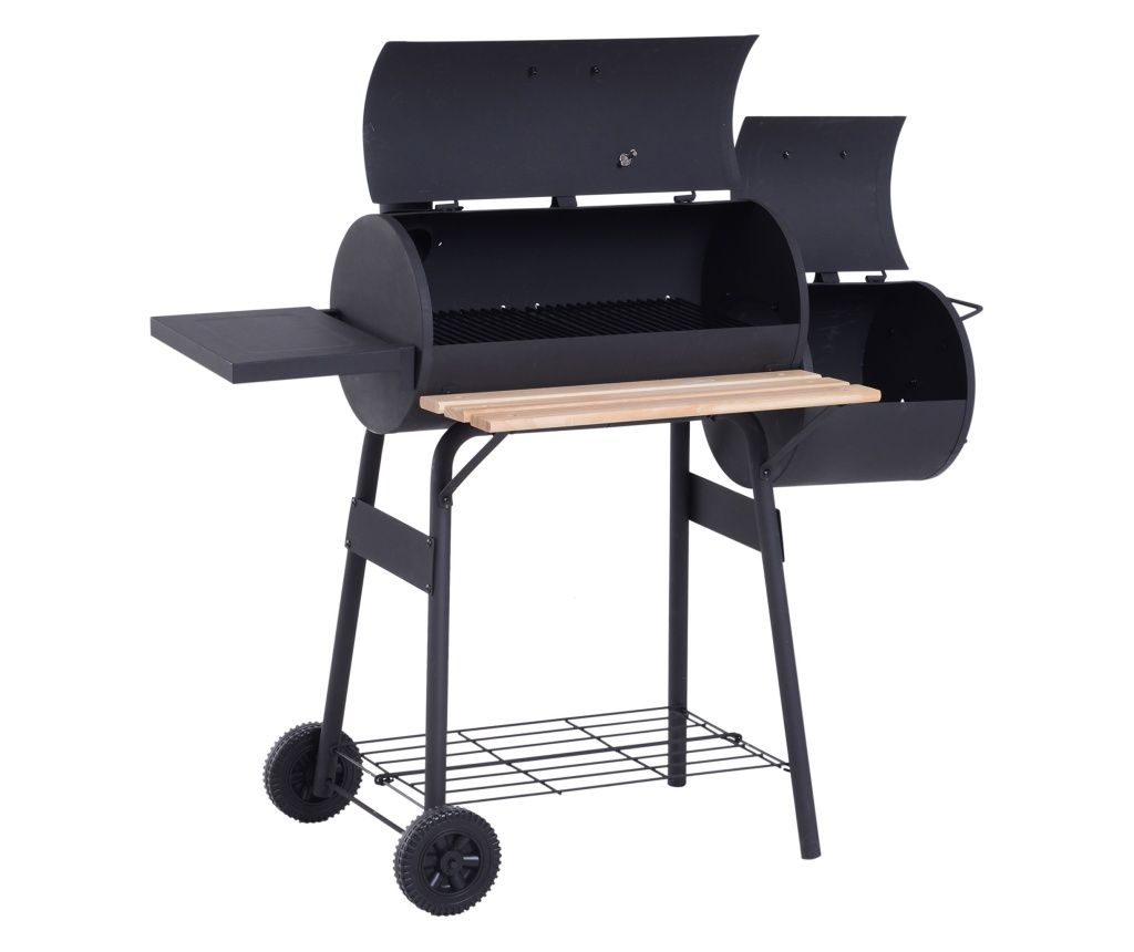 Kerti grill fedéllel és smokerrel, faszenes grill polcokkal és kerekekkel 124x53x104cm, fekete