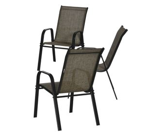 Комплект от 6 градински стола с подлакътници, подреждащи се един върху друг столове за открито от метал и дишаща материя, кафяви