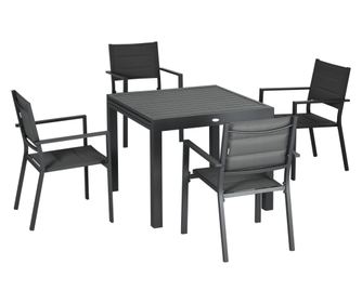 Set de gradina din aluminiu, 7 bucati cu masa rectangulara extensibila si 6 scaune de exterior cu sezut din material tip plasa,