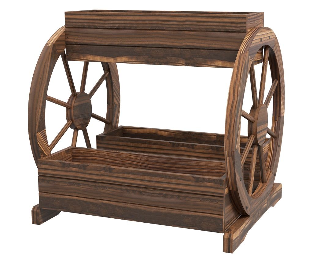 Orto înălțat de exterior pe 2 niveluri din lemn, cu 3 vase și roți în stil rustic, pentru flori, ierburi aromatice și legume, po