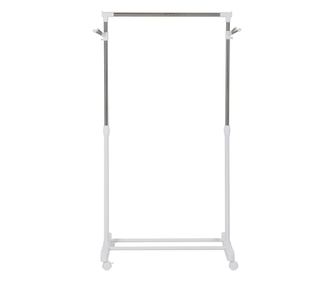 Suport de Haine din Otel Inoxidabil Reglabil pe Inaltime cu Baza de Depozitare si 4 Roti, 68,5x42x87-145 cm, Alb si Argintiu