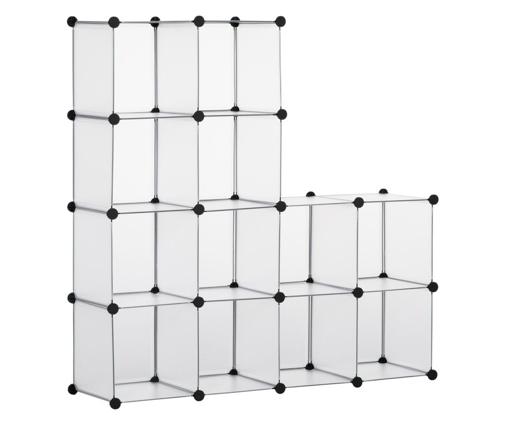 Mobilier pentru incaltaminte modular, 16 cuburi 30x30x30cm din plastic PP si otel , transparent