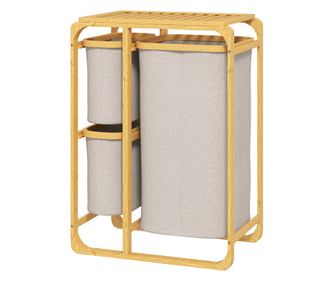 Cos pentru Rufe cu 3 Saci si Rafturi Detasabile din Material Textil din Bambus, 50x32x69,7 cm, Alb Crem