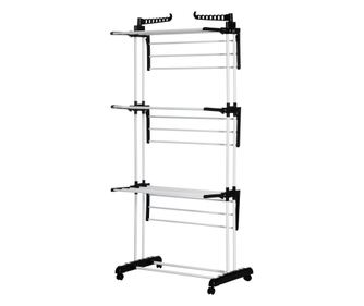 Uscator de Rufe Tip Turn cu 4 Niveluri, Suport pentru Uscat Rufe cu Aripi Laterale Pivotante si 4 Roti, 73x64x177 cm, Negru