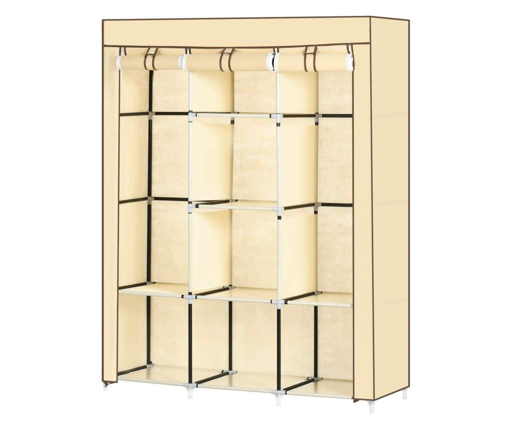 Fabric Wardrobe with 8 Shelves and 2 Hanging Rails, Portable Closet with Roll-Up Door, 125x43x162.5 cm, Beige