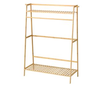 Cuier Inaltat din Bambus pe 2 Nivele cu Bara si 2 Carlige pentru Sufragerie, Hol si Dormitor, 114x40x139 cm, culoare Lemn Natur