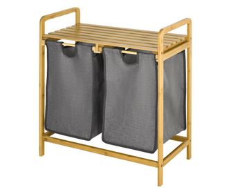 Cos de rufe din bambus , Cos de rufe cu raft, 2 saci pentru dormitor, baie, spalatorie, 64 x 33 x 73 cm, gri