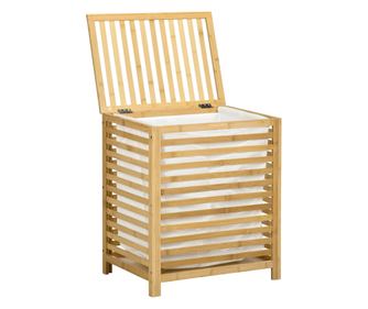 Cos de Rufe cu Sipci din Bambus si Material Textil cu Capac si Sac detasabil pentru Baie si Dormitor, 50x36x60 cm, culoare Lemn