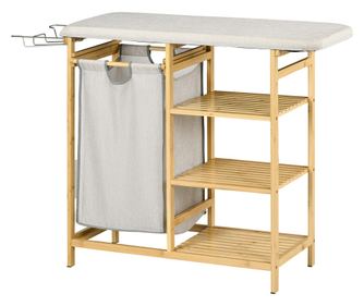 Cos de Rufe din Bambus cu Masa de Calcat si Suport de Calcat, Cos de Rufe cu Raft cu 3 Niveluri, 113x34x82 cm, Gri