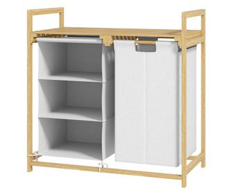 Ruháskosár 2 kivehető zsákokkal, fürdőszobai ruhásszekrény fogantyúkkal és bambuszpolccal, 70x36x70 cm, fehér