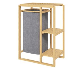 Cos Portabil pentru Rufe cu Sac Detasabil, Dulap Portabil pentru Rufe cu Rafturi din Bambus, 50x32x70 cm, Gri