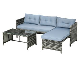 Mobilier pentru gradina cu canapea 2 locuri, sezlong si masuta, set pentru gradina din ratan PE si geam cu perne, gri