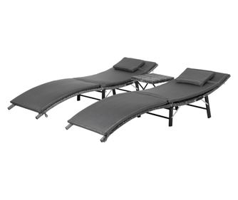 Set de 2 Sezlonguri Pliabile, Sezlong de Gradina din Ratan cu Perne Detasabile Lavabile si Masa Pliabila, Gri