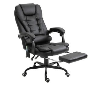 Масажен офис стол със 7 вибрационни точки, ергономичен стол за бюро, поставка за крака, наклоняема облегалка, черен стол