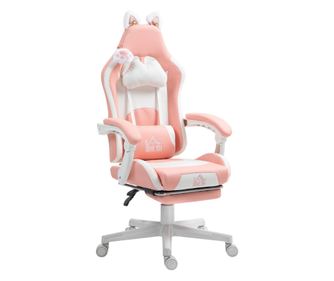 Scaun de Gaming Ergonomic cu Urechi de Pisica, Suport pentru Picioare si Suport Lombar, 65x62x116-124 cm, Roz