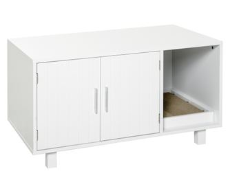 Mobilier din Lemn pentru Litiera Pisicilor, cu 2 Usi si Deschidere Laterala, 91x52x50,5 cm, Alb