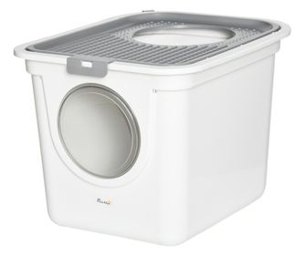 Litiera Inchisa pentru Pisici cu 2 Intrari, cu Tava si Lopatica, Litiera Acoperita din Plastic, 44x55x39 cm, Alb