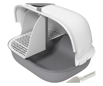 Litiera pentru Pisici Inchisa cu Capac, Lopatica si Usa din PP, 58x46x39 cm, Gri Deschis
