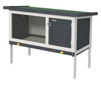 Cusca pentru iepuri de exterior din lemn de brad cu tava detasabila, trapa din bitum si plasa de sarma, 90x45x65cm, negru, alb s