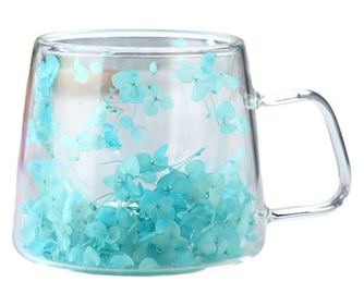 Skodelica s suhim cvetjem, dvojne stene, borosilikatno steklo, toplotna izolacija, hortenzija, turkizna, 100 ml