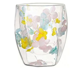 Γυάλινο ποτήρι διπλού τοιχώματος με αποξηραμένα λουλούδια, κίτρινη, μπλε και ροζ ορτανσία, 250 ml