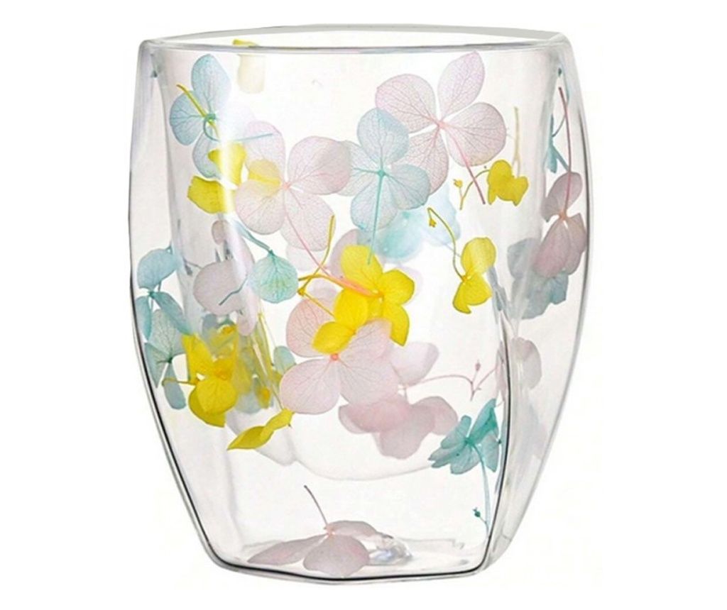 Glass Tumbler, Double Wall, Dried Flowers, Yellow, Blue and Pink Hydrangea, 250 ml