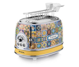 Pâine de pâine Ariete Positano 0155/0P, 810W, 2 felii, 3 funcții, 6 nivele, Tavă pentru firimituri detașabilă, Alb/Galben
