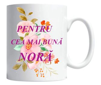 Cana alba personalizata "pentru cea mai buna nora, pink flowers", INOVATIX®. 330ml