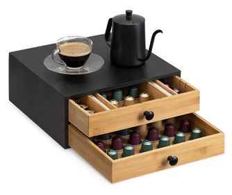 Suport capsule cafea din bambus Navaris cu 2 sertare, maro/negru, 58292.01