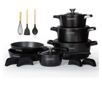 Royalty Line Premium RL-OS1014M Set oale și tigaie, 14 cm, fontă, finisaj marmură, inducție, negru