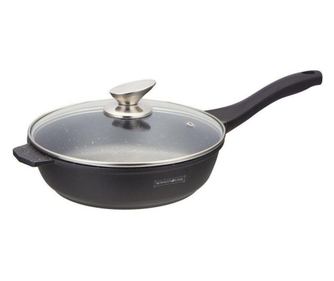 Tigaie adâncă cu capac Royalty Line RL-BDF24M, 24cm, 2,2 litri, finisaj marmură, inducție, negru