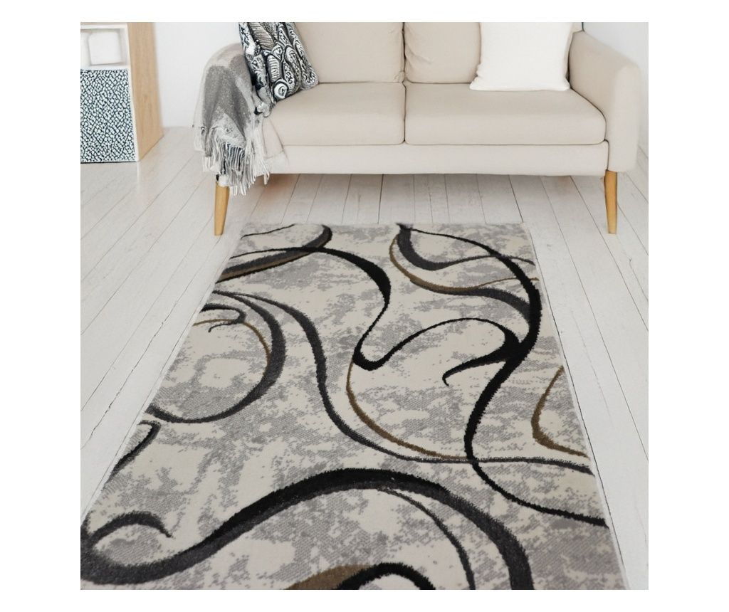 Twilight Dance Rug, Living Room/Bedroom, Black, Cream, Gray and Yellow, Suitable for Underfloor Heating, Short Pile 8 mm, Dimens