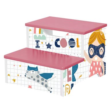 GINGER HOME Dětská stolička, 2-úrovňový dřevěný schůdek, žebřík do dětského pokoje, růžová, SUPER GIRL