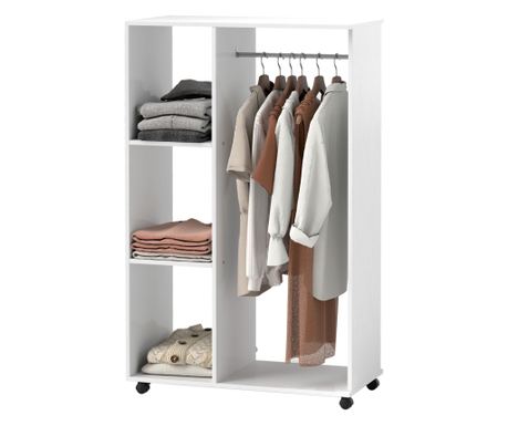 Подов закачалка за дрехи с колелца, гардероб с 3 рафта и лост, 80x40x128 см, бяла