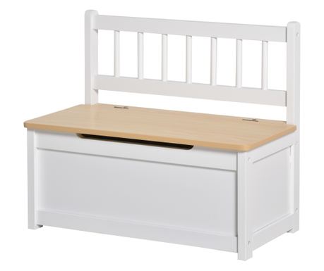 Детска пейка за съхранение на играчки 2 в 1, 60x30x50 см, бяло/естествено дърво