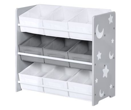 Шкаф за съхранение на играчки с 9 подвижни кошници, дървен MDF и текстилна кутия за играчки, 63x30x60 см, сив