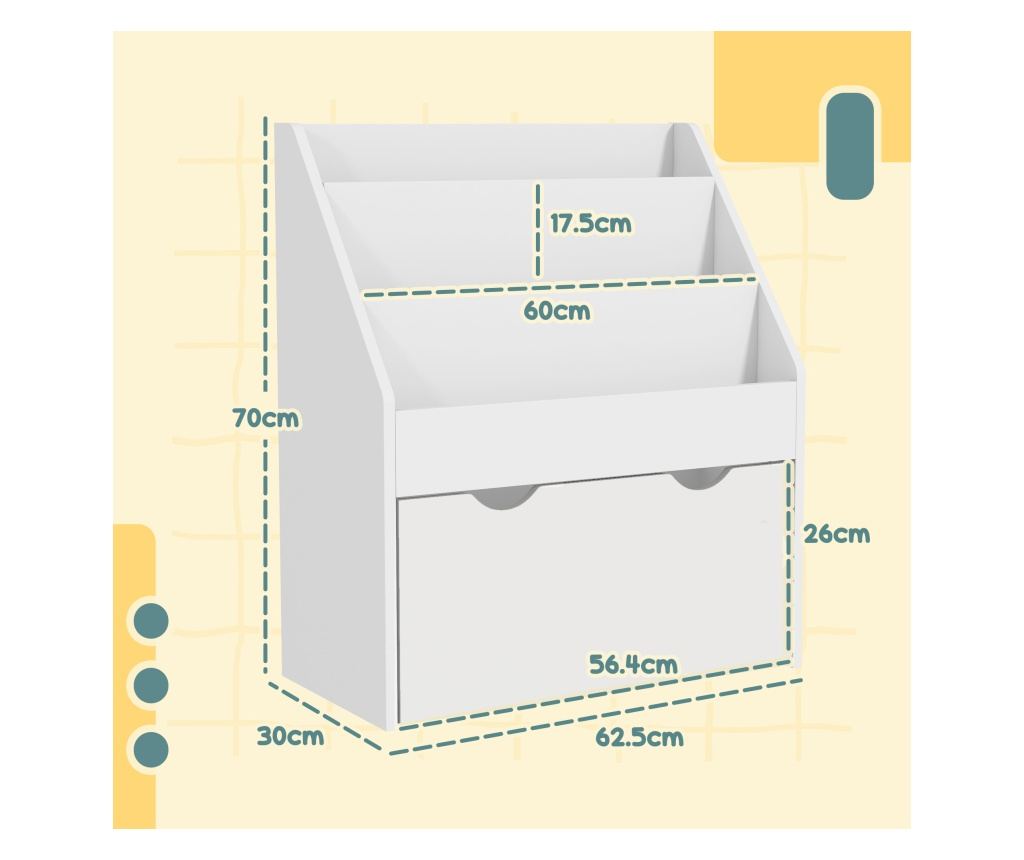 Biblioteca pentru Copii 3-8 Ani cu 3 Rafturi si Sertar, Raft de Depozitare Jucarii, 62,5x30x70 cm, Alb - 4