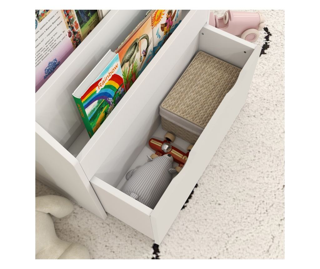 Biblioteca pentru Copii 3-8 Ani cu 3 Rafturi si Sertar, Raft de Depozitare Jucarii, 62,5x30x70 cm, Alb - 9